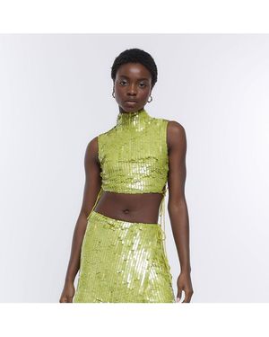 River Island Crop Top Green Sequin High Neck