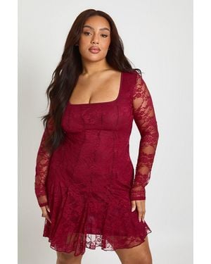 Boohoo Plus Lace Godet Skater Mini Dress - Red