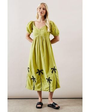 Wallis Petite Palm Embroidered Textured Midi Dress - Green