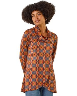 Roman Abstract Print Cowl Neck Top - Orange