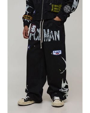 BoohooMAN Studded Badge Detail Extended Drawcord Baggy Fit Jeans - Black