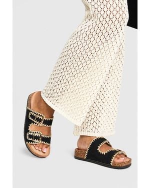 Boohoo Contrast Stitch Detail Double Buckle Sliders - Natural