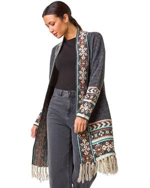 Roman Nordic Pattern Fringe Hem Cardigan - Grey