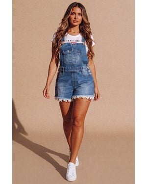 Femme Luxe Wash Distressed Denim Dungaree - Blue
