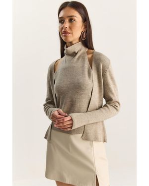 Bianco Lucci Half Turtleneck Cut Out Ribbed Blouse - Natural