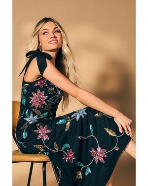 Oasis Floral Embellished Split Midi Dress - Blue