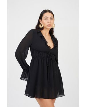 Brave Soul Frill Detail Ruched Mini Dress Cotton - Black