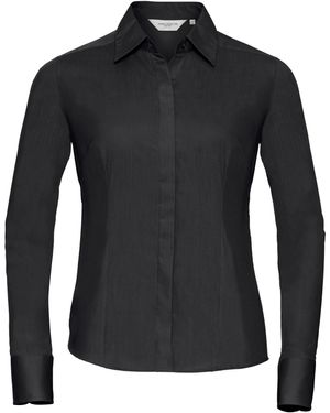 Russell Collection Ladies/ Long Sleeve Poly-Cotton Easy Care Fitted Poplin Shirt - Black