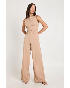 Boohoo Slash Neck Waist Detail Wide Leg Jumpsuit - Natural