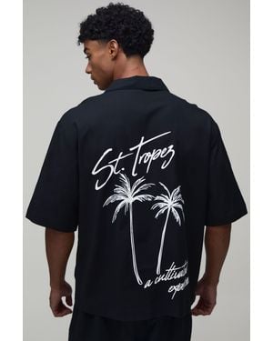 BoohooMAN Oversized Half Sleeve Palm Print Shirt - Blue