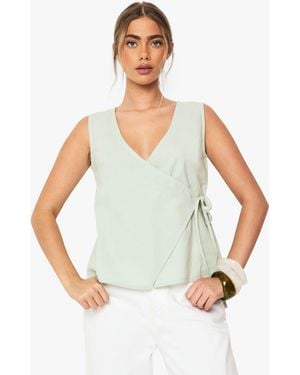 Boohoo Linen Wrap Front Top - Green
