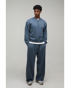 BoohooMAN Overiszed Boxy Henley Sweatshirt And Wide Leg Jogger - Blue