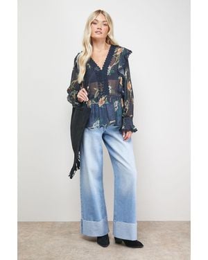 Oasis Printed Frill Detail Sheer Chiffon Blouse - Blue