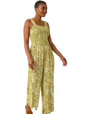 Roman Paisley Print Cropped Jumpsuit - Green