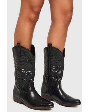 Boohoo Contrast Sole Calf High Western Boots - Black
