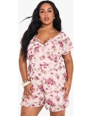 Boohoo Plus Floral Chiffon Romper - Red