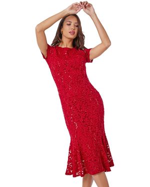 Roman Leaf Lace Sequin Midi Dress - Red