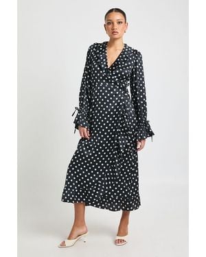 Boohoo Polka Dot Print Ruffle Wrap Midi Dress - Black