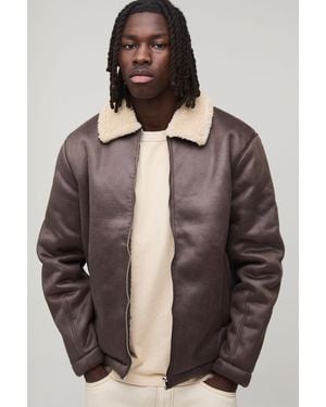 BoohooMAN Faux Suede Aviator Jacket - Brown