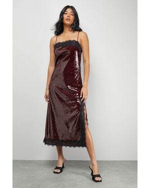 Warehouse Sequin Lace Trim Square Neck Midi Slip Dress - Red