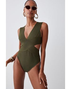 Karen Millen Bandage Textured V Neck Swimsuit - Green