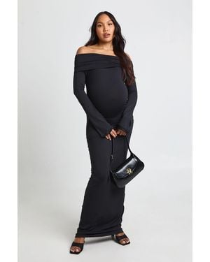 Boohoo Maternity Bardot Ruched Flare Sleeve Maxi Dress - Blue
