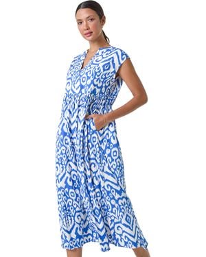 Roman Aztec Print Midi Smock Dress - Blue