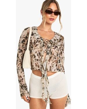 Boohoo Chiffon Tie Front Ruffle Blouse - Brown