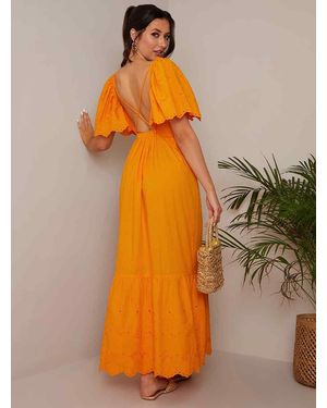 Chi Chi London Broderie Anglaise Sleeve Poplin Maxi Dress - Orange