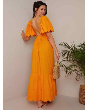 Chi Chi London Broderie Anglaise Sleeve Poplin Maxi Dress - Orange