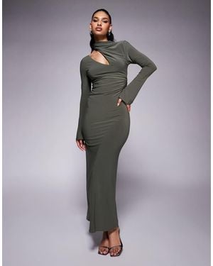 ASOS Long Sleeve Slash Shoulder Maxi Dress With Ruched Bodice Detail - Green