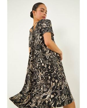 Roman Petite Print V-Neck Swing Dress - Black