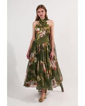 Karen Millen Tall Garden Floral Viscose Georgette Satin Mix Slip Maxi Dress - Green