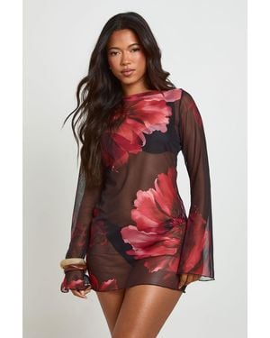 Boohoo Floral Print Sheer Mesh Mini Beach Dres - Red