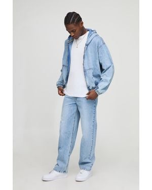BoohooMAN Oversized Boxy Washed Denim Hoodie - Blue