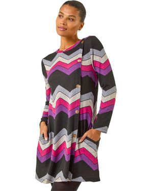 Roman Zig Zag Side Button Dress - Red
