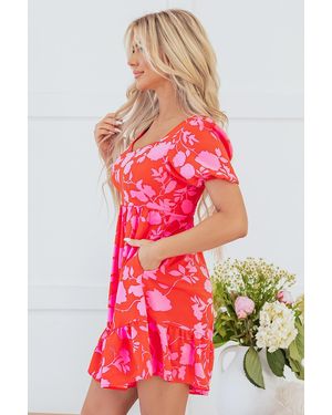Azura Exchange Floral Bubble Sleeve Sweetheart Neck Ruffled Mini Dress - Red
