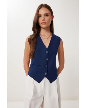 Happiness İstanbul Crop Button Waistcoat - Blue