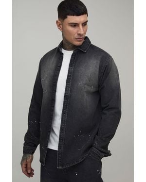 BoohooMAN Tall Regular Fit Spray Washed Paint Splatter Denim Shirt - Grey