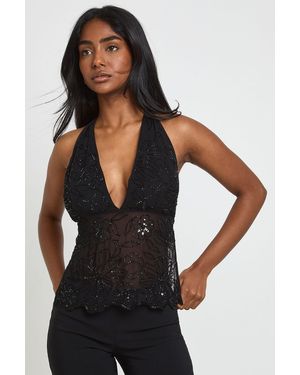 Boohoo Beaded Sequin Halterneck Top - Black