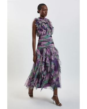 Karen Millen Blurred Floral Frill Tulle Maxi Dress - Purple