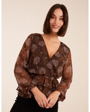 Blue Vanilla Floral Ruffle Wrap Blouse - Brown
