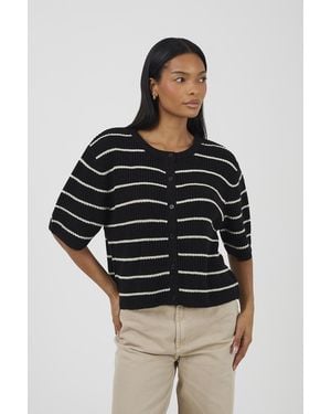 Brave Soul Striped Short Sleeve Fisherman Knit Cardigan - Black