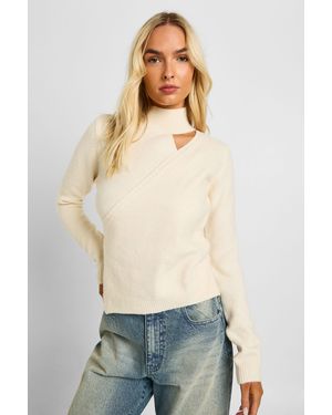 Boohoo Wrap Detail High Neck Knitted Jumper - Natural