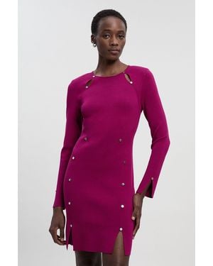 Karen Millen Viscose Blend Stud Keyhole Detail Knit Mini Dress - Purple