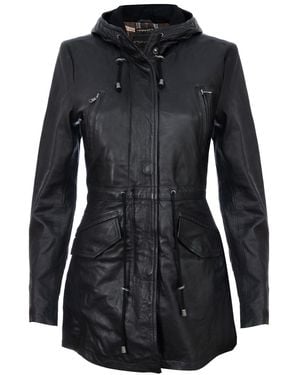 Infinity Leather Mid Length Hooded Parka Jacket-Oakengates - Black