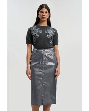 Karen Millen Metallic Coated Denim Pencil Midi Skirt