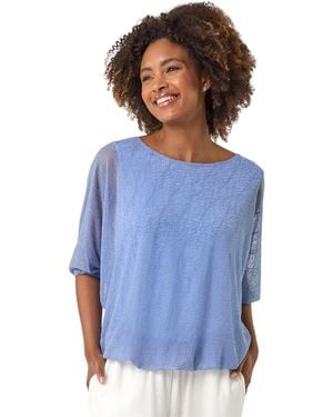 Roman Mesh Bubble Hem Stretch Top - Blue