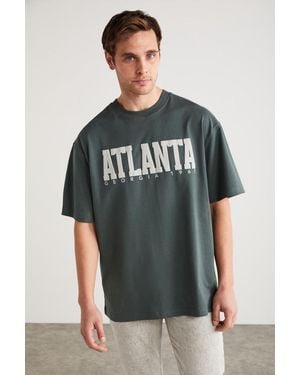 Grimelange Oversized Printed Crew Neck T-Shirt - Green