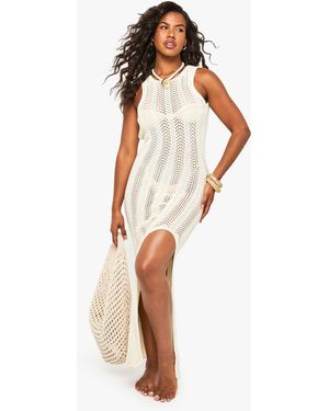 Boohoo Scoop Back Crochet Beach Dress - Natural